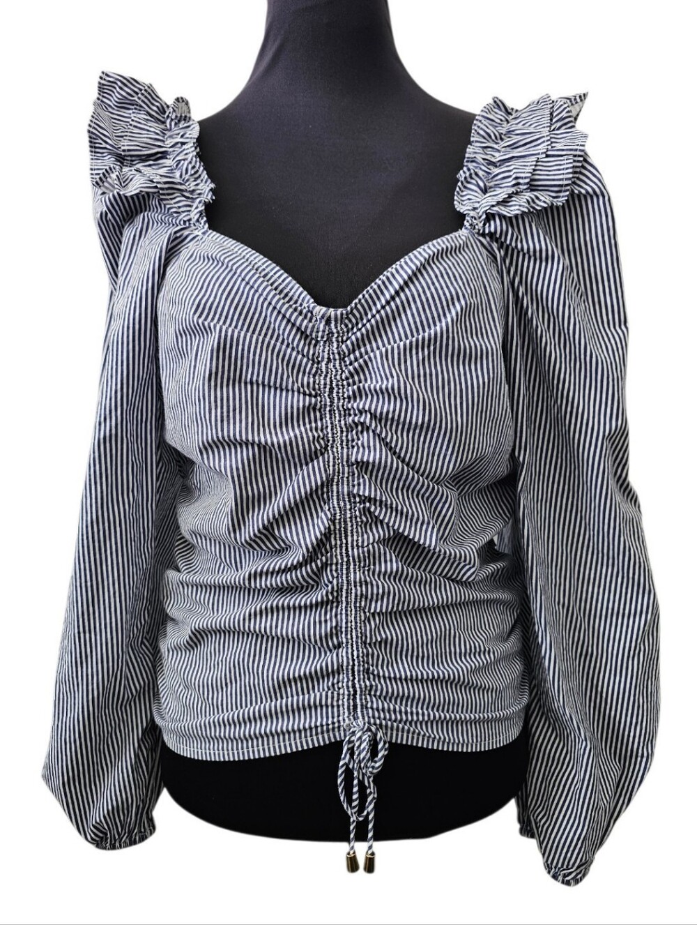 Bishop & Young Women Top Size Small Textured Poplin Blouse Blue White Stripe